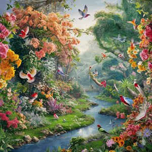 A stunning 3D wallpaper scene featuring a lush vibrant garden filled with an abundance of colorful flowers and trees.