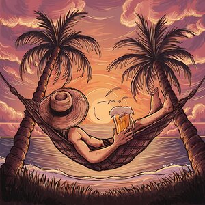 For a stunning sunset it shows a figure lying in a hammock between two coconut trees.