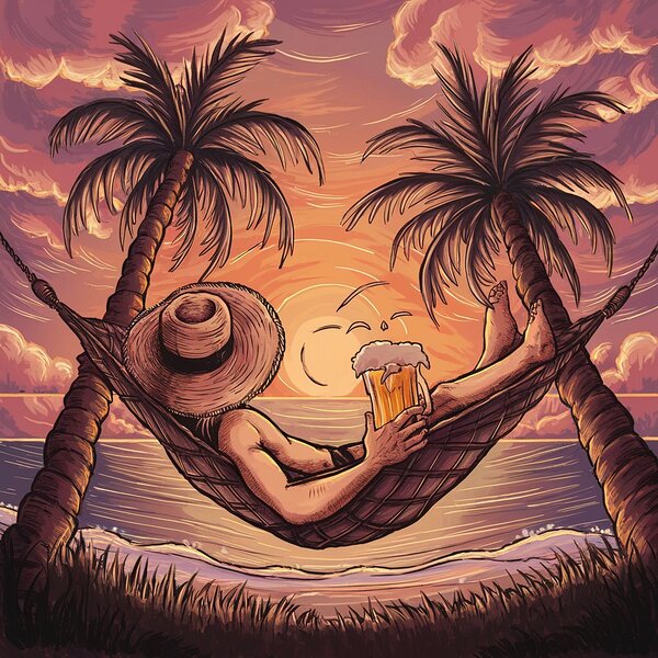 For a stunning sunset it shows a figure lying in a hammock between two coconut trees. Print