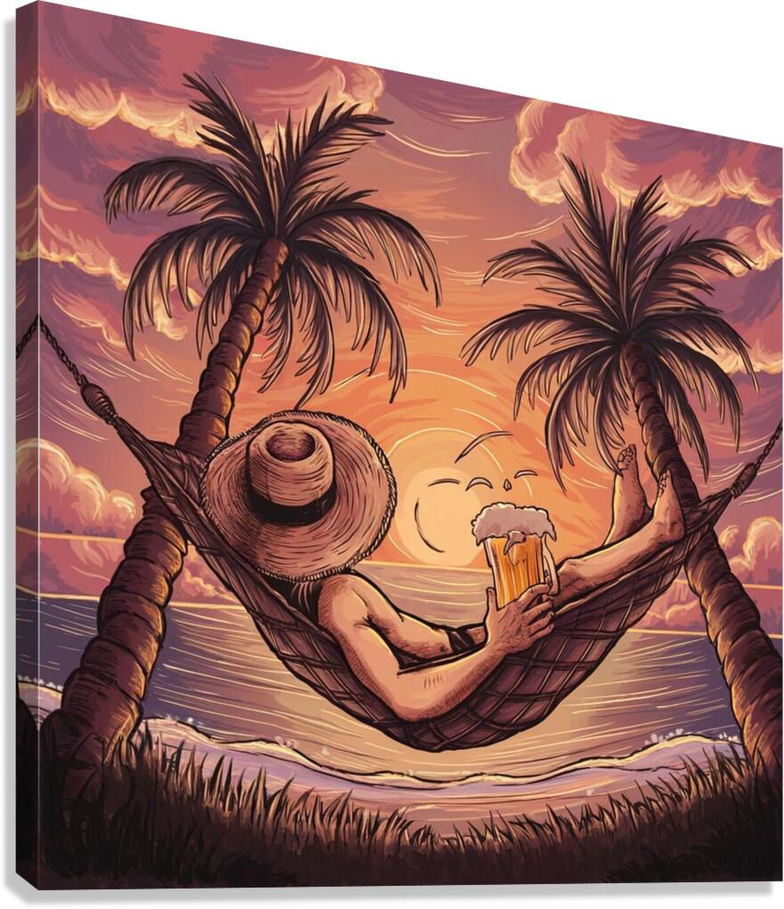 For a stunning sunset it shows a figure lying in a hammock between two coconut trees. Canvas Print