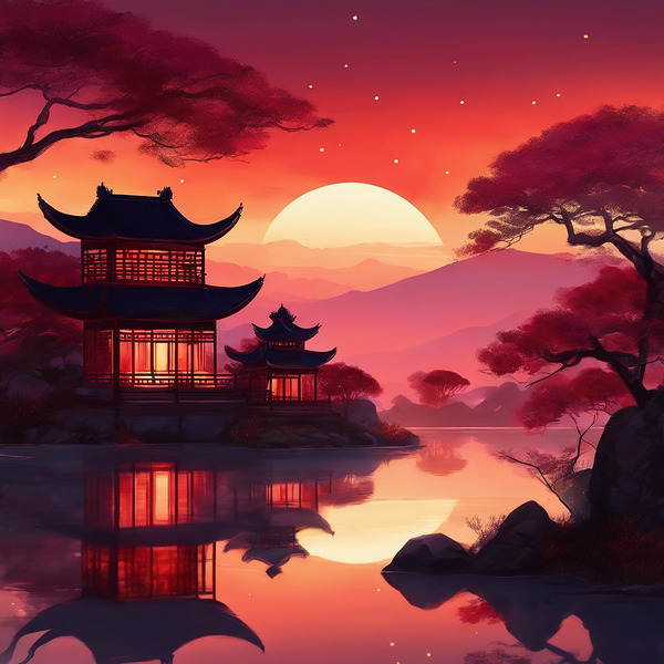 Serenity of Chinese Trees Under a Crimson Twilight Print