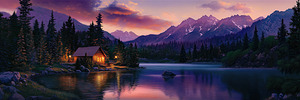 Lakeside Cabin Painting Print