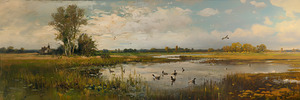 Duck Pond Panoramic Oil Painting Print.