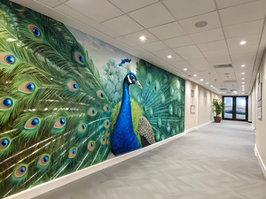 Peacock s Passage A Vibrant Mural in a Modern Hal