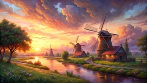  picturesque dutch landscape at sunset  featuring
