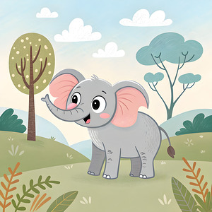                  Happy Baby Elephant in the Meadow