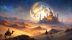  a grand middle eastern desert scene under a glow