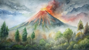                   Watercolor Volcano Eruption in a Misty Forest
