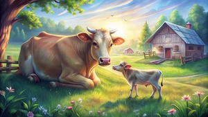  a peaceful farm scene with a mother cow gently n