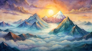                  Mystical Sunrise Over Cloudy Mountains                  