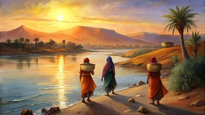 a picturesque scene by the nile at sunset  where