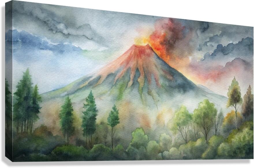                   Watercolor Volcano Eruption in a Misty Forest Canvas Print