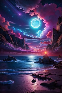 Neon Dreams: Moonlit Seas Under a Cosmic Sky