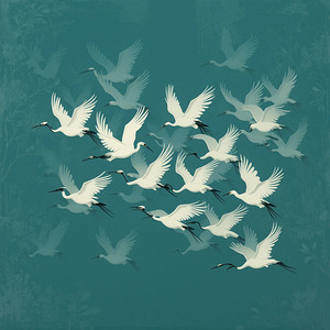 Emerald Cranes in Golden Dawn: A Japanese-Inspired Maximalist Mural