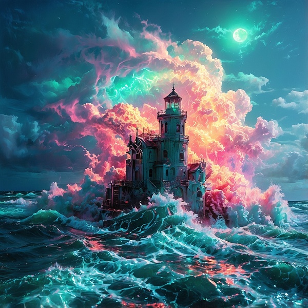  Emerald Tempest: Waves Beneath a Crimson Sky Print