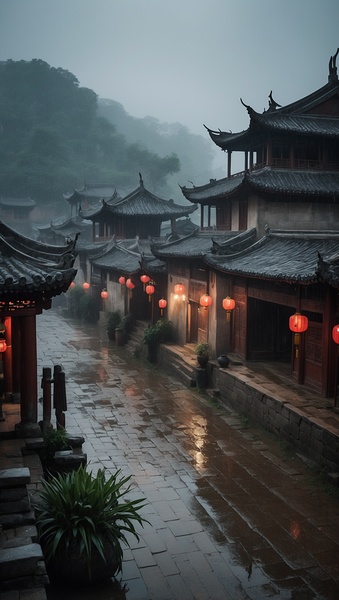 Whispers of the Past: An Ancient Town in the Rain Print