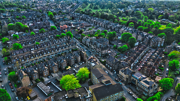 Aerial view of suburban residential neighborhood in Harrogate North Yorkshire by Vasile Jechiu
