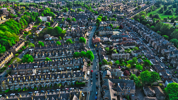 Aerial view of suburban residential neighborhood in Harrogate North Yorkshire by Vasile Jechiu