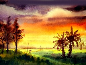 Cloudy Rural Sunset  Watercolor Painting
