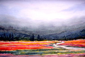 Misty Himalayan Flower Valley  Watercolor Painting