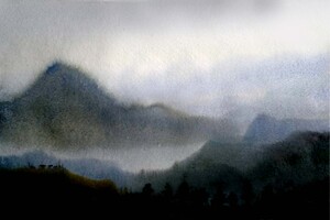 Cloudy Mysterious Mountain Himalaya  Watercolor Painting 