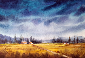 Cloudy Rural Cornfield  Watercolor Painting