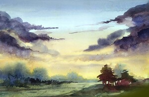 Cloudy Rural Sunset Watercolor Painting 