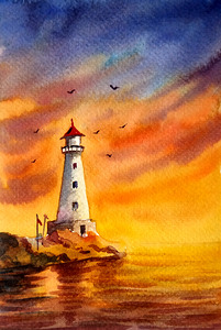 Sunset Lighthouse  Watercolor Painting