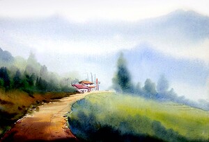 Cloudy Foggy Himalaya Landscape  Watercolor  painting