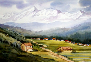 Himalaya Mountain Landscape  Watercolor  Pianting