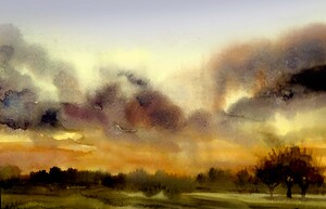 Cloudy Storm on Rural Village  Watercolor painting 