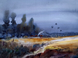 Monsoon Rural Confirm Landscape  Watercolor Painting