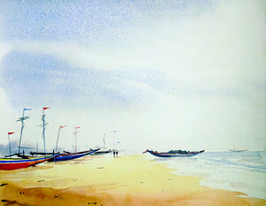 Early Morning Sea Beach & Fishing Boats  Watercolor painting  