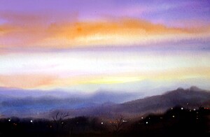 Evening Cloudy Himalaya Mountain Landscape  Watercolor Painting