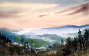 Cloudy Mountain Sunset Mountain Himalaya  Watercolor Painting