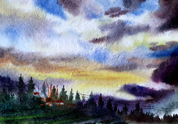 Cloudy Sunset Himalaya Mountain Landscape  Watercolor Painting Print