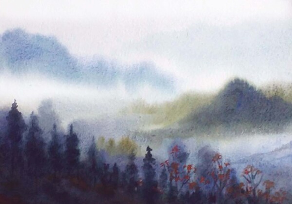 Cloudy Mountain Himalaya Landscape  Watercolor Painting Print