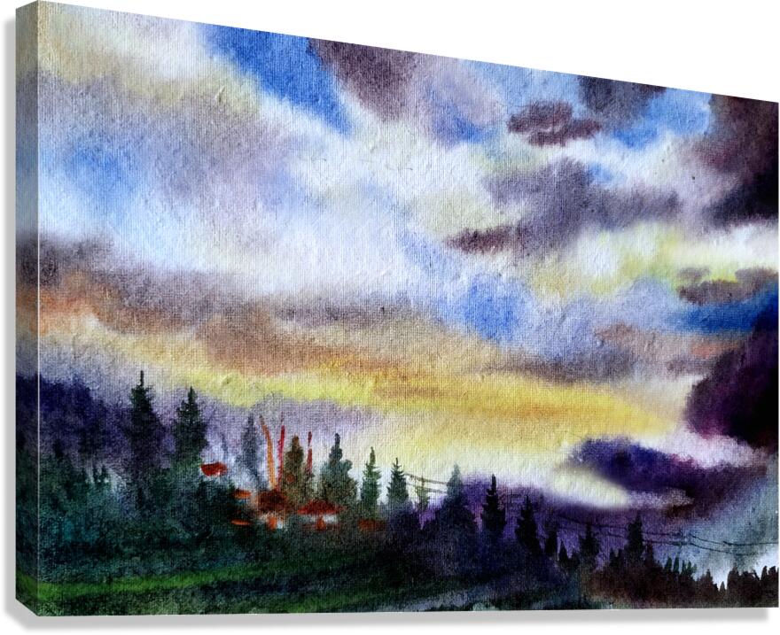 Cloudy Sunset Himalaya Mountain Landscape  Watercolor Painting Canvas Print