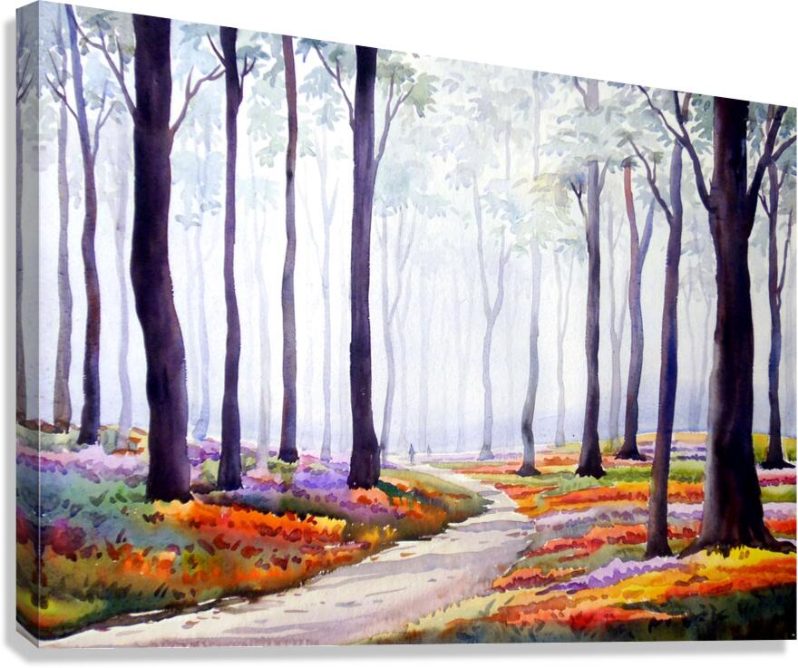 Misty Flowers Garden inside a Forest Watercolor Painting Canvas Print