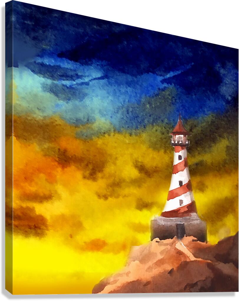Cloudy Sunset Lighthouse Watercolor Painting  Canvas Print