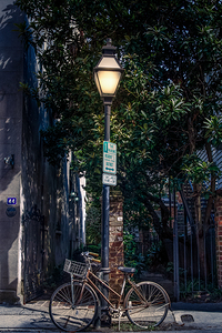 Bike on Lamp Pole at Night