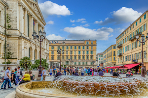 People in Nice Plaza with Fountain