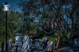 Tombstones and Lamp Post Under Spanish Moss