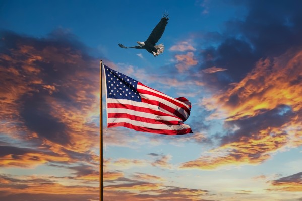 American Flag on Old Flagpole at Sunset with Eagle Print