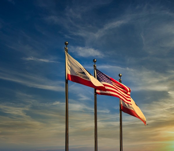 California and American Flags at Sunset Print