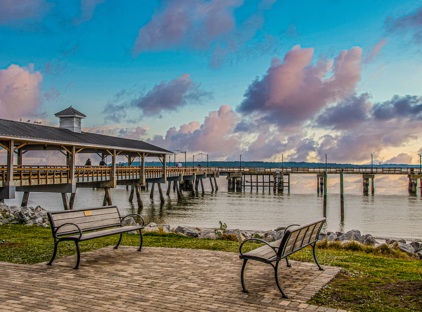 Empty Benches by a Winter Pier Print