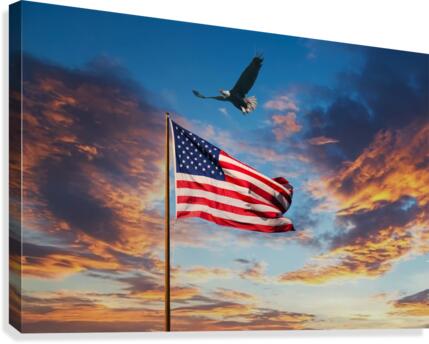 American Flag on Old Flagpole at Sunset with Eagle Canvas Print