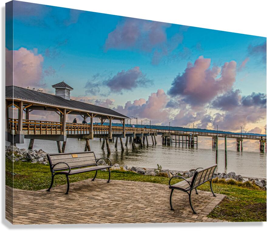 Empty Benches by a Winter Pier Canvas Print