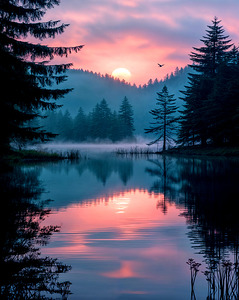 Sunrise In The Forest Lake