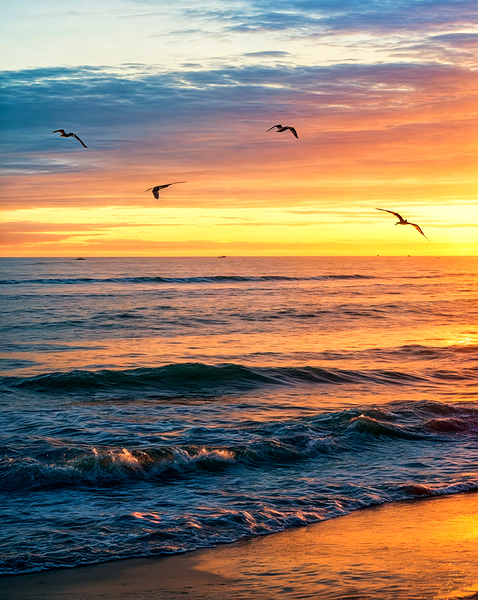 Sunset Over Gentle Waves At The Beach Print